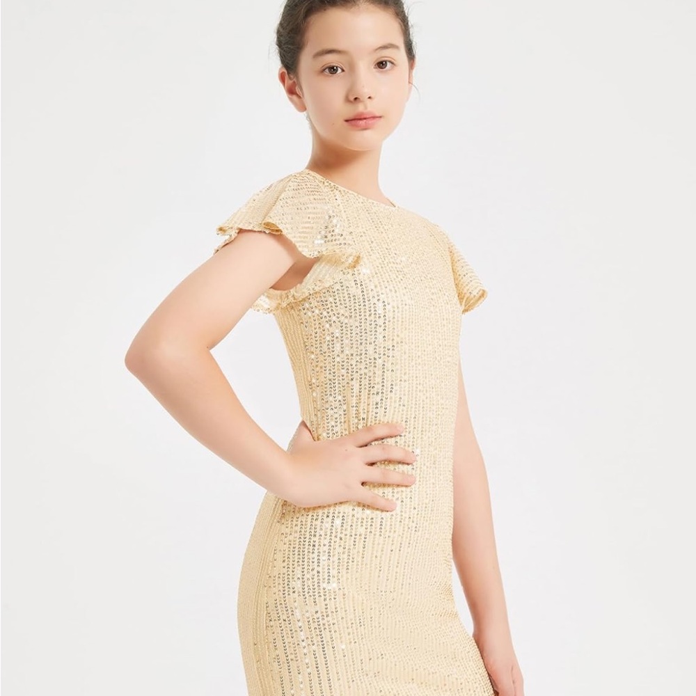 Girls Sparkly Dresses Ruffle Sleeve Glitter Sequin Bodycon Dress